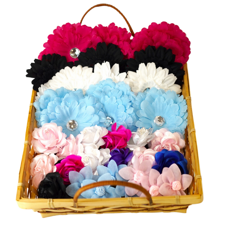 40 flower dog cat bows in a basket
