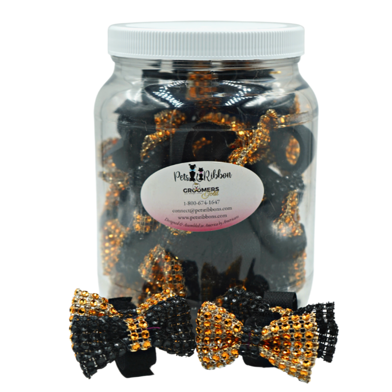 black and gold halloween bling bows on velcro fastener that attaches to dog, cat and pet collars