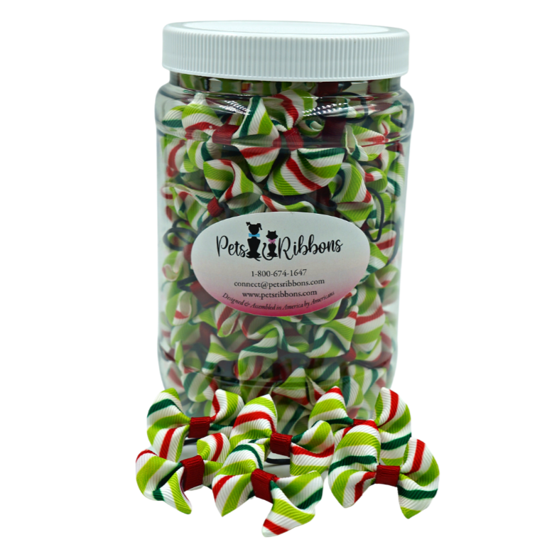 candy stripe dog bows cat bows on rubber band for groomers. 50-100 in a bottle
