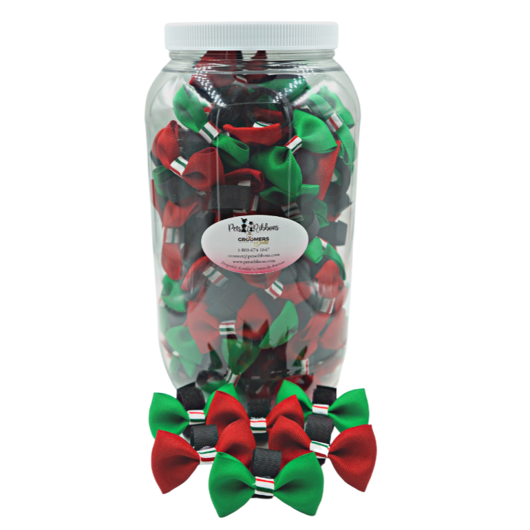 red or green bows with candy stripe trim on velcro. 50-100 Dog bows cat bows