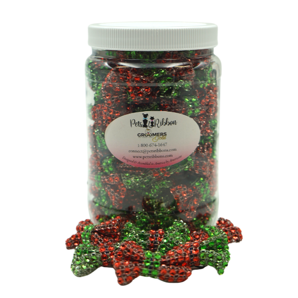 green and red bling Christmas bows on a rubber band, 50-100 in a jar. 2 inch
