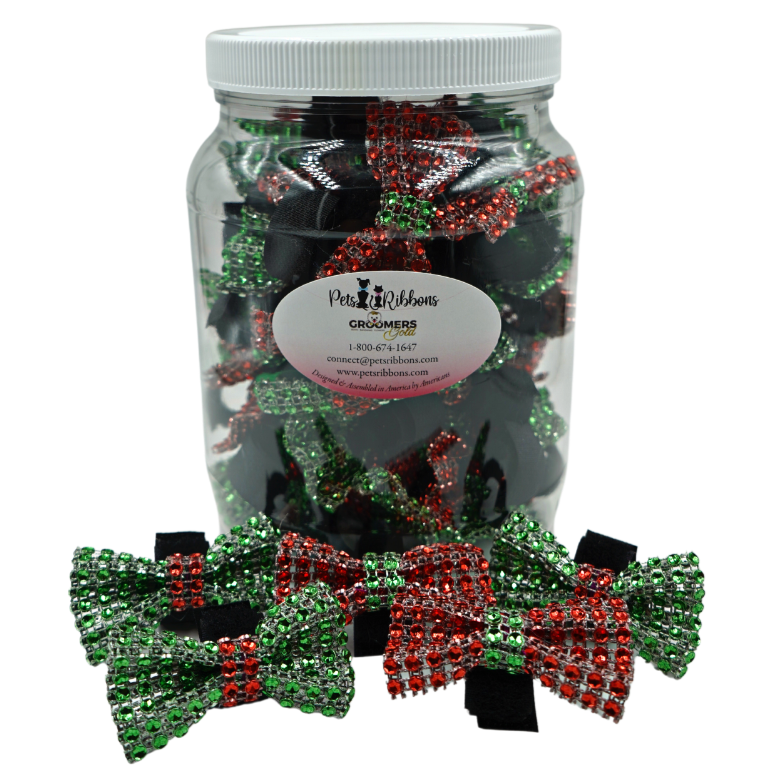 red and green christmas bling cat and dog bows on a velcro fastener