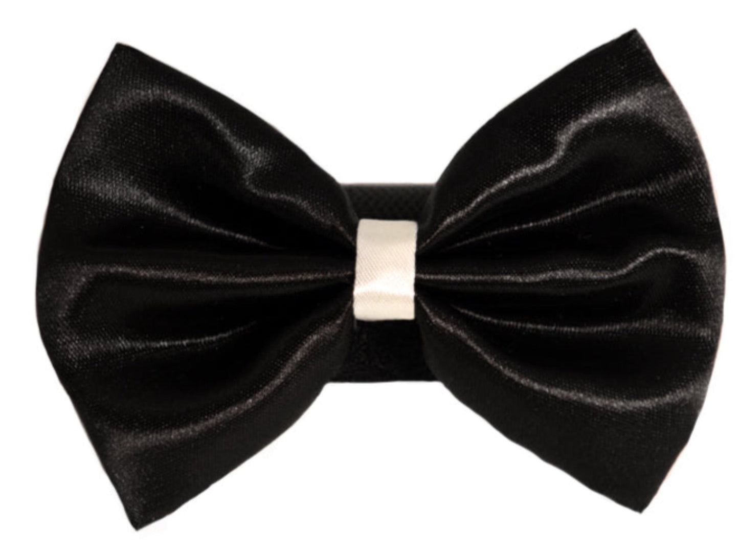 Wedding satin bow with white trim on a velcro safety fastener black