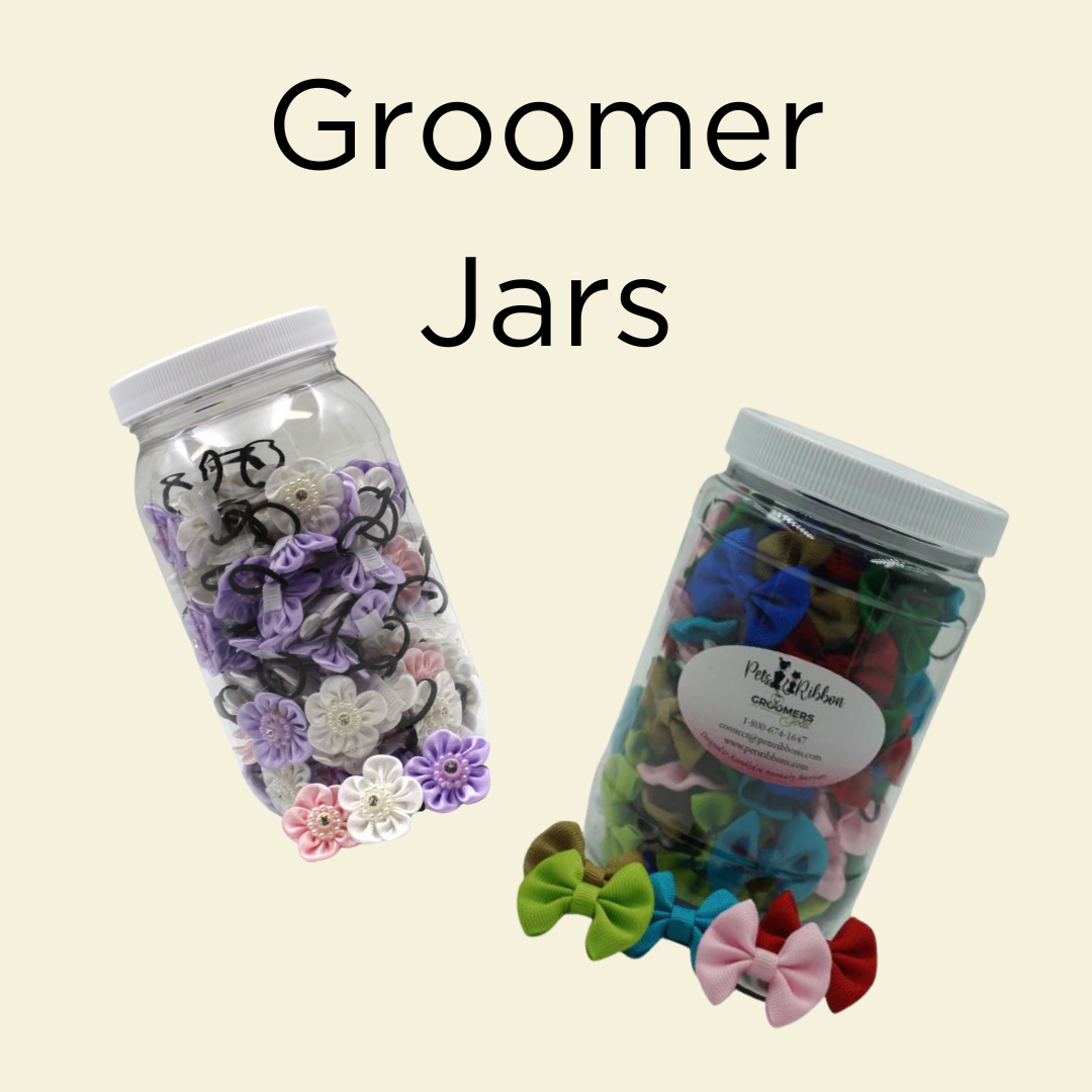 Dog Bows, dog bow tie, dog hair bows, dog grooming accessories, Pets Ribbons, Handmade in the US Dog Bows, Groomer Jars, Two Jars filled with Dog Bows