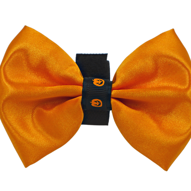 Dog Bows, dog bow tie, dog hair bows, dog grooming accessories, Pets Ribbons, Handmade in the US Dog Bows. Halloween bows. Orange Satin Dog Bow with Black pumpkin trim