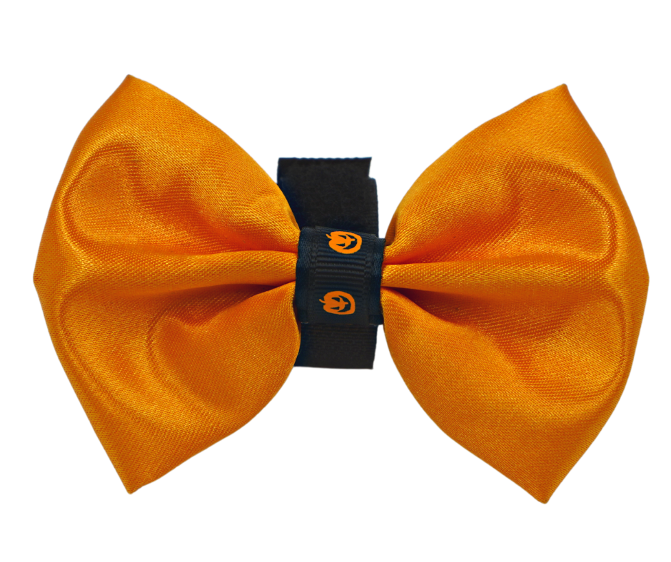 Dog Bows, dog bow tie, dog hair bows, dog grooming accessories, Pets Ribbons, Handmade in the US Dog Bows. Halloween bows. Orange Satin Dog Bow with Black pumpkin trim