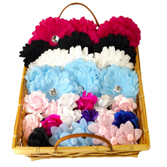 40 flower dog cat bows in a basket