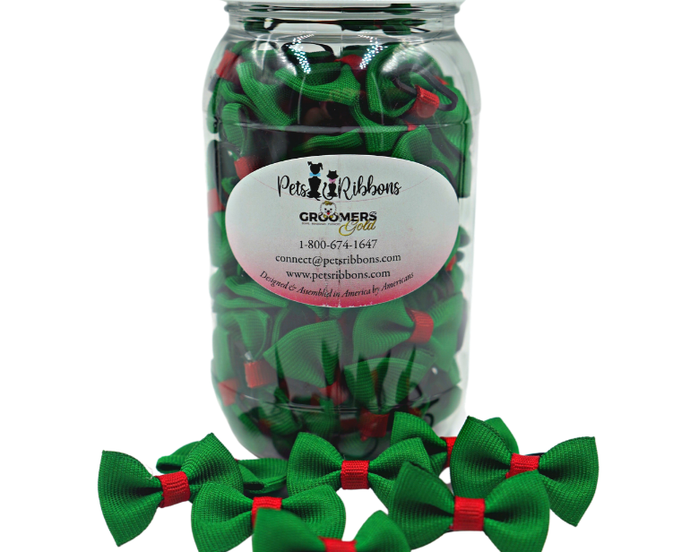 Christmas green with red trim groomer dinky bows for dogs and cats