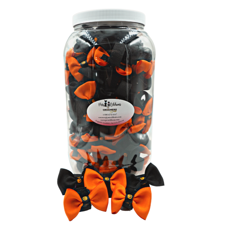 orange and black bows with pumpkin trim on velcro attachment for dogs cats and pets