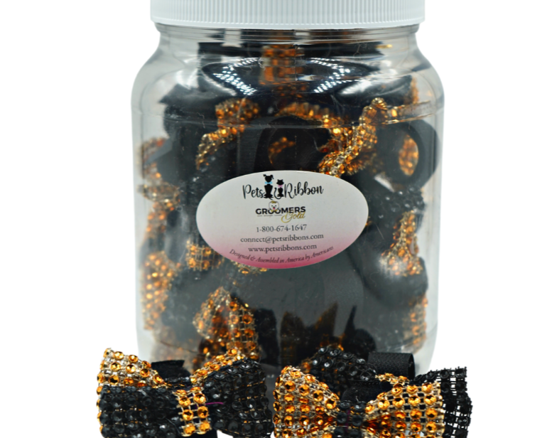 black and gold halloween bling bows on velcro fastener that attaches to dog, cat and pet collars