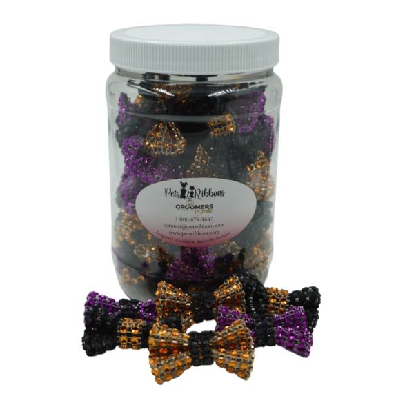 purple gold and black bling dog and cat bows on a rubber band 