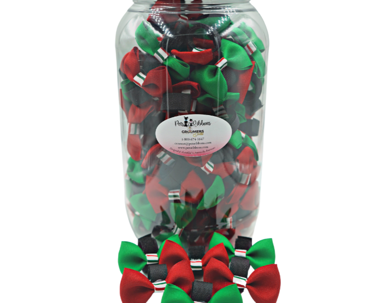 green and red cat and dog bows with candy stripe trim on velcro fastener