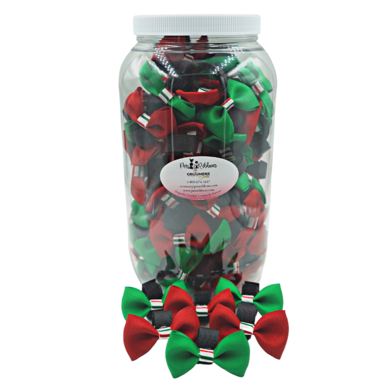 green and red cat and dog bows with candy stripe trim on velcro fastener