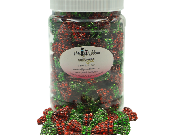 green and red bling Christmas bows on a rubber band, 50-100 in a jar. 2 inch