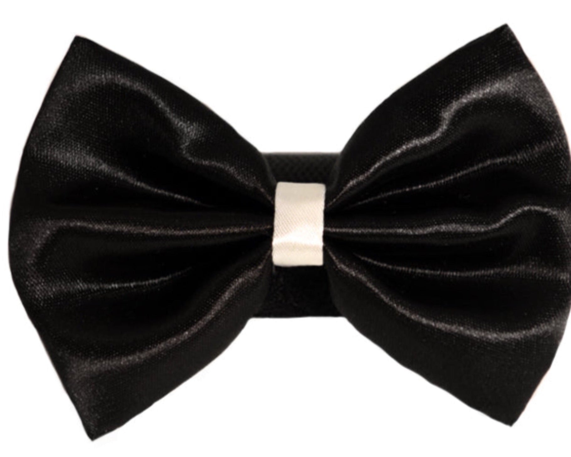 Wedding satin bow with white trim on a velcro safety fastener black
